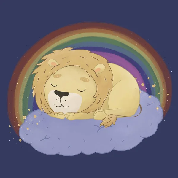 Cute lion cub sleeping on a cloud. Illustration with baby lion in the clouds with stars Clouds with a rainbow. Savage. Safari animals doodle. — Foto de Stock