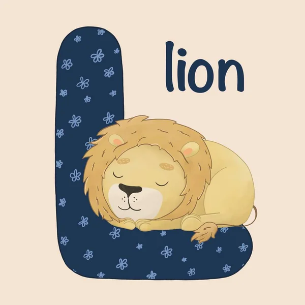 Little lion sleeping. Zoo alphabet. A-Z Animal alphabet. Funny cartoon animals isolated on beige background. Kids education poster. For children learning English vocabulary — ストック写真