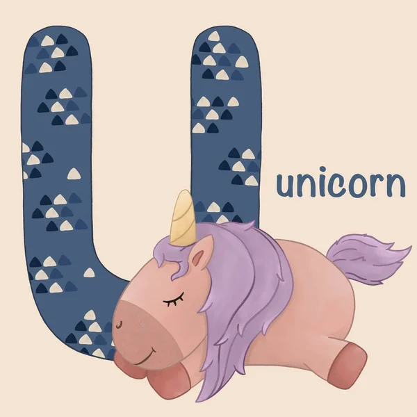 Magic unicorn sleeping. Zoo alphabet. U - Animal alphabet. Funny cartoon animals isolated on beige background. Kids education poster. For children learning English vocabulary — Stock Photo, Image