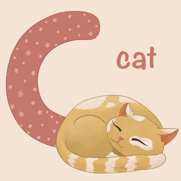 かわいいペットの子供のためのアルファベット。猫が前景で寝ていて、次に大文字のCが続いています。漫画のイラスト。A-Z動物. — ストック写真