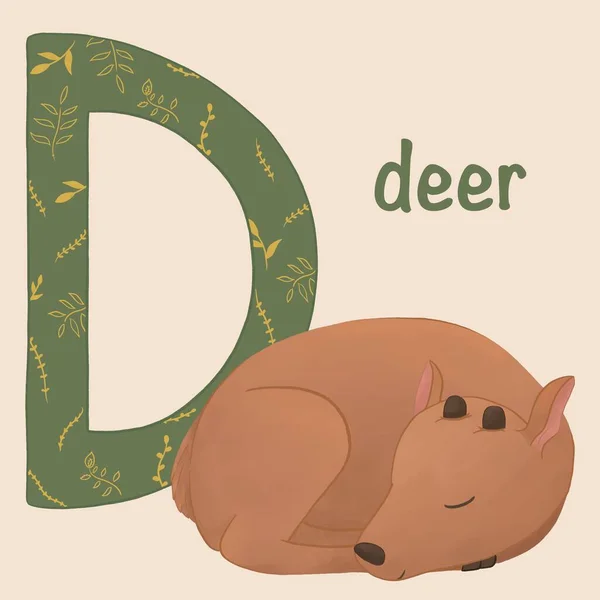 Alphabet for kids with cute pet. A deer is sleeping in the foreground, followed by a capital letter D. Developmental learning for children. Cartoon illustration. A-Z animals. — ストック写真
