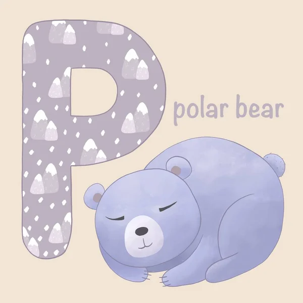 Alphabet card for kids. Educational preschool learning ABC card with polar bear and big letter P. Flashcards with cute wild animal and english word. Cartoon illustration. ABC set.