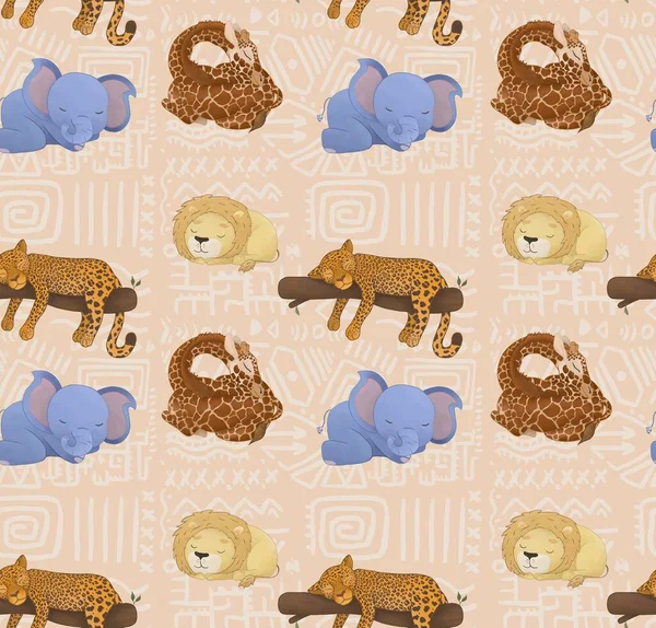 Seamless pattern with wild animals sleep sweetly. Animals zoo with lion, elephant, jaguar and giraffe. Suitable for design kid textile, wrapping paper, sleepwear, background. Kids animal characters.