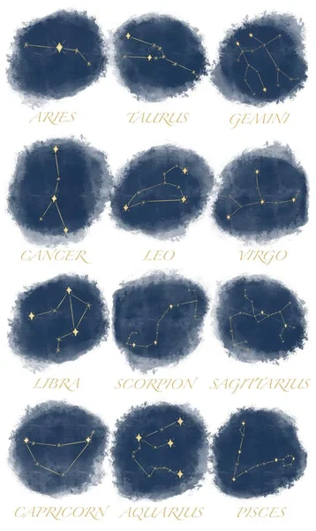 Astrologie Aquarel Set Van Dierenriemtekens Sterrenbeelden Sterren Witte Achtergrond Horoscoop — Stockfoto