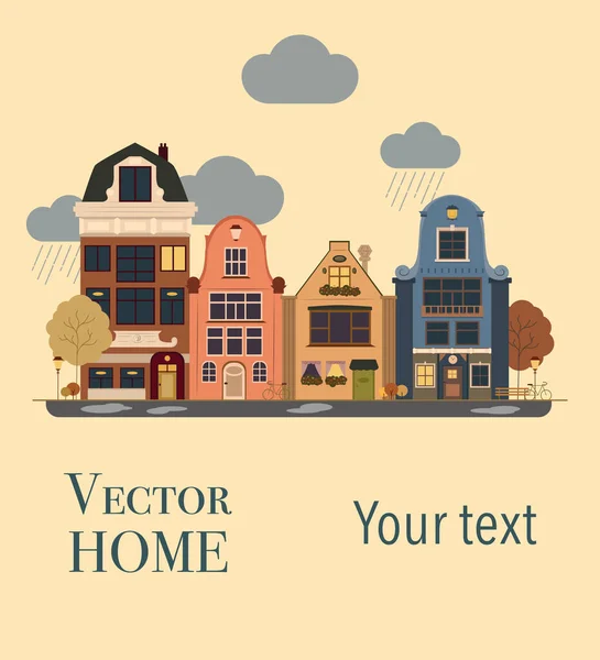 Houses Autumn Row Different Houses Street Flat Design Style Street — Archivo Imágenes Vectoriales