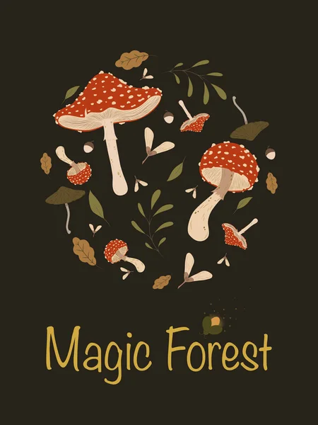 Mystical Postcard Poisonous Mushrooms Acorns Leaves Inscription Postcard Magic Forest — Stock Vector
