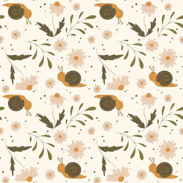 Cute seamless pattern with flowers, plant, chamomile and snail. Desert tones illustration. Floral seamless background for fashion prints. Vintage print.