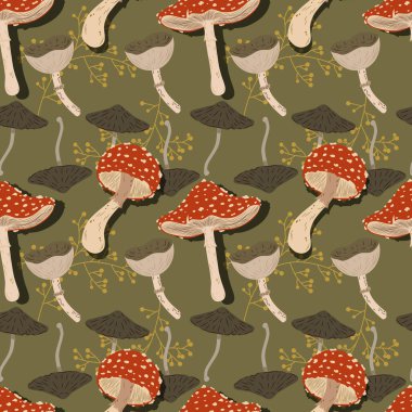 Mushrooms seamless pattern. In the style of hand-drawn. Design for natural products, paper, packaging, wallpaper, fabric, textile. 