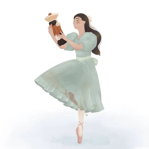 Cute ballerina with a little nutcracker. Gentle illustration with a girl in a ballet tutu holding a wooden nutcracker figurine. Hand drawn illustration in pastel colors. High quality illustration