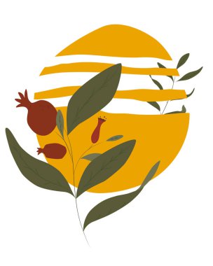 Çiçekli dallar ve olgun nar meyveleri. Arka planda parlak sarı-sıcak daire. Kart, afiş, poster, çıkartma, baskı, promosyon malzemesi. Vektör illüstrasyonu.