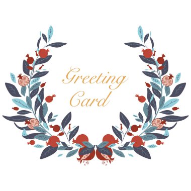 Olgun nar, yaprak ve çiçeklerden oluşan bir çelenk vektör olarak beyaz bir arkaplanda. Minimum çiçek süsü izole edilmiş. Bitki yapraklı ve meyveli çelenk. Rosh hashanah. Düz biçim illüstrasyonu.