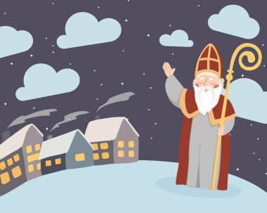 Şirin Aziz Nicholas veya Sinterklaas. Mutlu Aziz Nicholas Günü. Aziz, metnin konulabileceği bir yerde elini kaldırdı. Çeviri Almancadan: Nicholas tarafından getirildi. Vektörde sevimli çizgi film karakteri