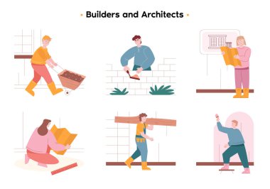 A team of technical workers and engineers. The builder paints the wall with a brush. The builder is laying bricks. A group of engineers, builders, and architects design and build a new house. clipart