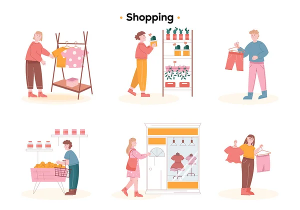 Клієнти Обирають Різні Речі Магазинах Люди Ходять Кошиком Супермаркеті Дівчина — стоковий вектор