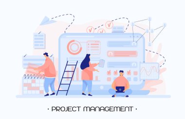 Ekip proje yönetimi yaklaşımını kullanıyor. Kız, şirketin gelirini artırmak ve tasarruf etmek için grafikleri ve grafikleri analiz ediyor. Çevik proje yönetimi, Kanban ve Scrum. Düz insanlar vektör illüstrasyonu.