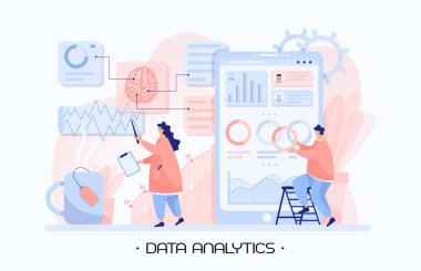 Kadın ve erkek analiz eder ve veri analiz panelinden istatistik alır. Kadın bir deftere veri yazıyor ve şirket çekirdeğindeki değişiklikleri tahmin ediyor. Modern düz insanlar vektör illüstrasyonu.