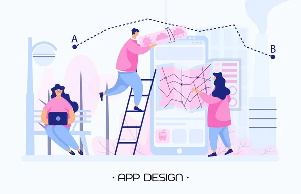Mobil Uygulama Tasarım Geliştirme Takım Üyeleri Akıllı Telefon Uygulama Arayüzü — Stok Vektör