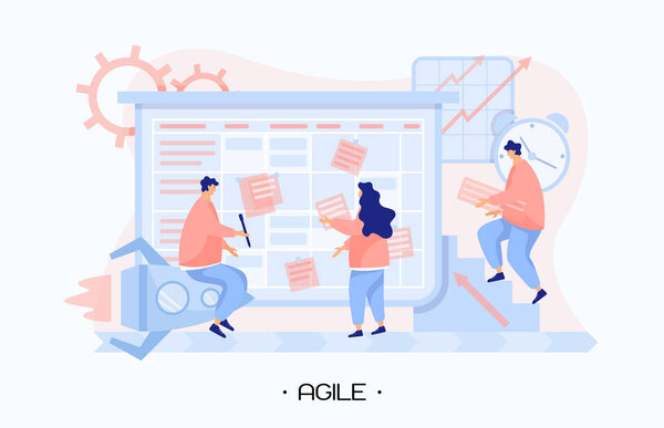 Команда запускает новый стартап, используя Agile методологию и Kanban Board. Девушка создает задания и клеи наклейки на борту. Человек формирует творческие идеи и видения. Современные плоские люди векторные иллюстрации. Вектор