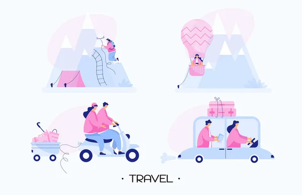 世界中の旅行の概念 男と女のロマンチックな旅 車やオートバイの夏の冒険 勇敢な女の子と空気気球は山の上を飛ぶ 現代人ベクトル図 — ストックベクタ