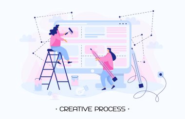 İki kız projenin yaratıcı tasarımı ile meşguller. Yaratıcı süreç ve beyin fırtınası. Yaratıcı düşünce. Tasarım ekibi proje üzerinde çalışıyor. Modern düz insanlar vektör illüstrasyonu.