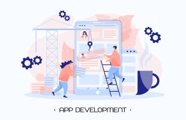 Mobil uygulama geliştirme. Geliştirme ekibi mobil bir uygulama yaratmaya çalışıyor. Büyük bir akıllı telefonu, vitesi, karakteri olan bir kompozisyon. Sosyal ağlar, sohbet, arama, veri toplama. Düz.