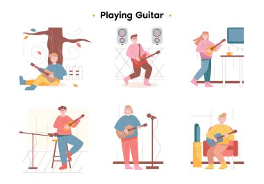 Farklı yerlerde gitar çalan bir grup insan. Adam bir ağacın yanında oturuyor ve gitar çalıyor. Sahnede gitarlı bir kız mikrofonun yanında duruyor. İnsanlar gitar çalmaktan hoşlanır..