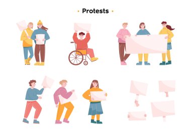 Protestocular pankart ve pankart taşıyor. Erkekler ve kadınlar siyasi bir mitinge ya da geçit törenine katılıyorlar. Elinde poster tutan tekerlekli sandalyedeki bir adam. Üç kız boş pankartlar taşıyor ve boş işaretler gösteriyor.