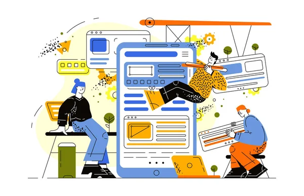 Modern teknoloji ve akıllı telefon arayüzü tasarımı. Uygulama geliştirme ve programlama. İş arkadaşları akıllı telefon uygulama arayüzü oluşturuyorlar. Büyük bir akıllı telefonun yanındaki ekip mobil bir uygulama geliştiriyor..
