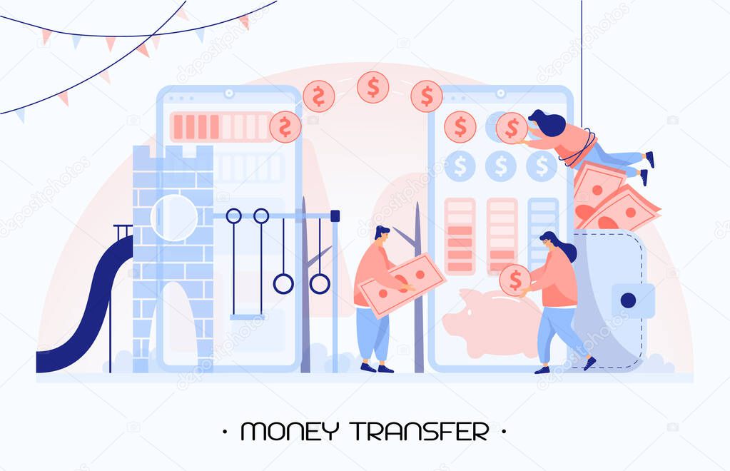 Make a profitable investment. people exchange money. Online banking. People send and receive money wireless with their mobile phones. Transferring money from abroad using a mobile phone. Vector