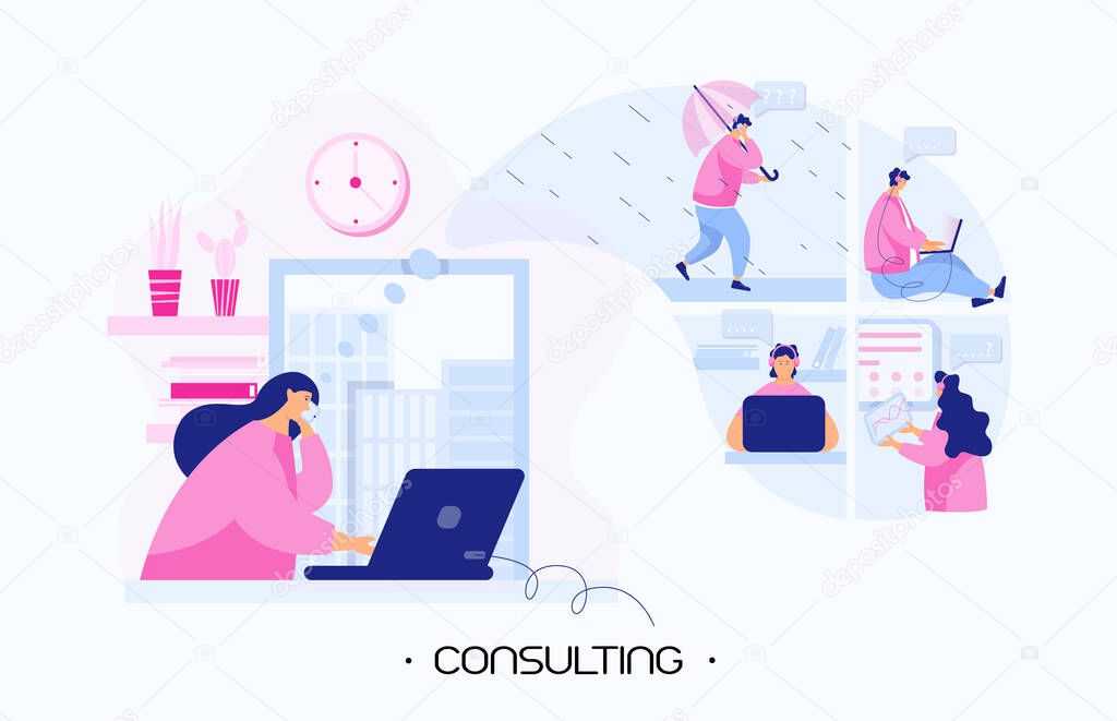 Businesswoman conducts consultations by phone from home. Counselor girl helps people achieve their goals. A guy walks in the rain and consults. The girl looks at the chart and does not understand it.