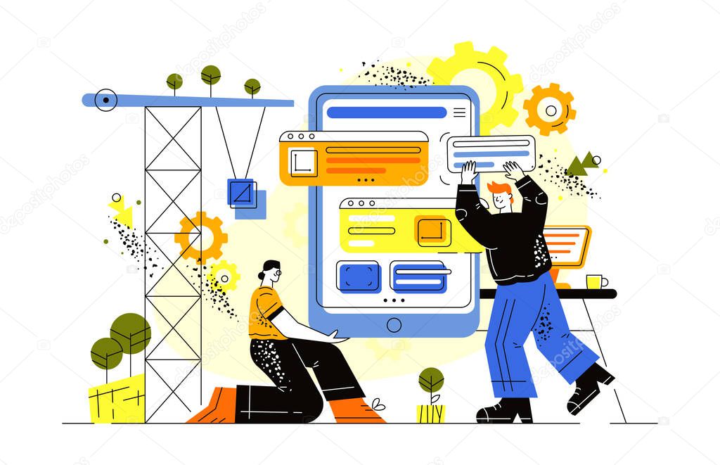 A development team develops and designs mobile applications. girl supports a huge phone. The process of building a smartphone interface. business team using a crane create an interface on a tablet.