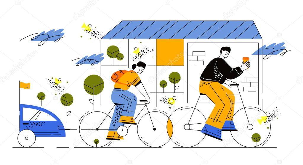 Summer active family vacation. A guy and a girl ride a bike and enjoy nature. A happy family is riding bikes outdoors and smiling. People enjoy a healthy lifestyle. Recreational outdoor activity.