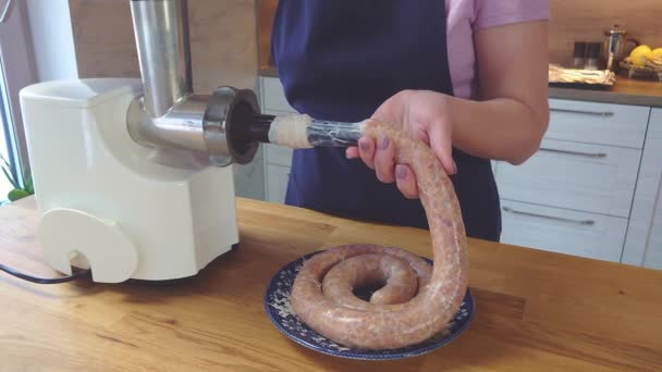 El proceso de elaboración de embutidos a la parrilla caseros a partir de carne picada. el cocinero llena los intestinos con carne picada. — Vídeos de Stock