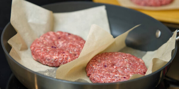 hamburger meat grilling for burgers. Homemade cutlets in frying pan