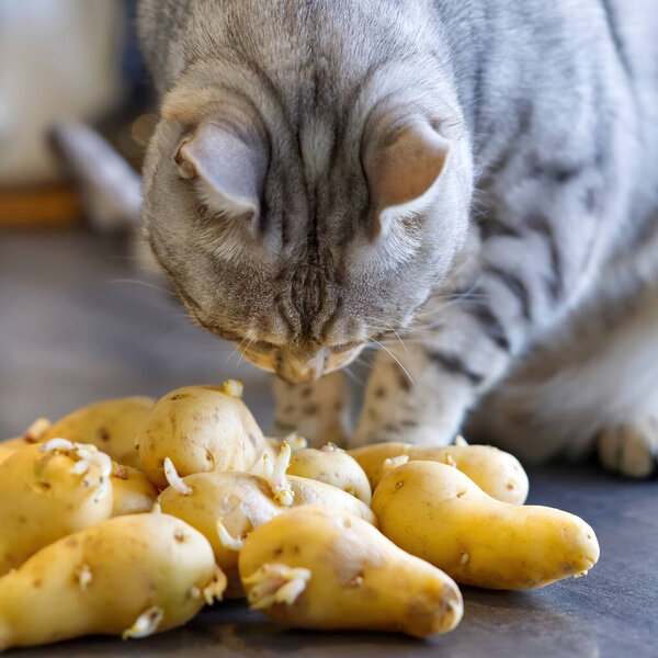 Bengal cat sits next to sprouted potatoes. Cat sniffs raw potatoes