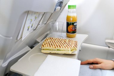 food and drinks on the plane. close up