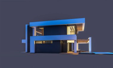 Havuzu ve park yeri olan modern konforlu bir evin 3 boyutlu tasarımı. Satılık ya da lüks tarzda. Gece vakti. Siyah üzerine izole edilmiş..