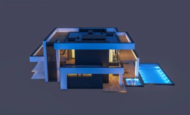 Havuzu ve park yeri olan modern konforlu bir evin 3 boyutlu tasarımı. Satılık ya da lüks tarzda. Gece vakti. Siyah üzerine izole edilmiş..