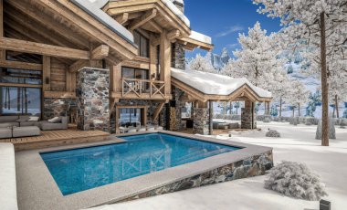 Havuzu ve kiralık park yeri olan modern konforlu bir dağ evi. Arka planda güzel orman dağları. Devasa kereste kirişleri. Parlak beyaz karlı serin bir kış günü.