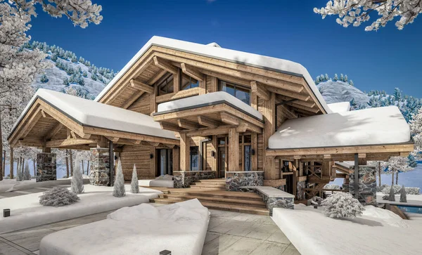 Rendering Von Modernen Gemütlichen Chalet Mit Pool Und Parkplatz Zum — Stockfoto