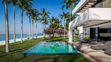 Havuzu ve satılık park yeri olan ya da deniz ya da okyanus kenarında lüks tarzda kiralanan modern konforlu bir ev. Tropikal adada palmiye ağaçları ve çiçeklerle masmavi sahilde güneşli bir gün.