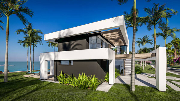 3D рендеринг современного уютного дома с бассейном и парковкой для продажи или аренды в роскошном стиле у моря или океана. Солнечный день у лазурного побережья с пальмами и цветами на тропическом острове