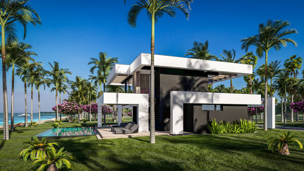 3D рендеринг современного уютного дома с бассейном и парковкой для продажи или аренды в роскошном стиле у моря или океана. Солнечный день у лазурного побережья с пальмами и цветами на тропическом острове