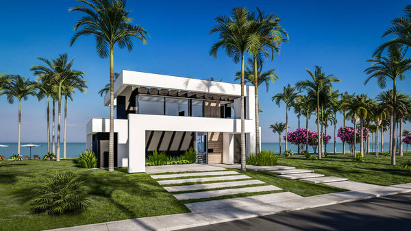 3D рендеринг современного уютного дома с бассейном и парковкой для продажи или аренды в роскошном стиле у моря или океана. Солнечный день у лазурного побережья с пальмами и цветами на тропическом острове