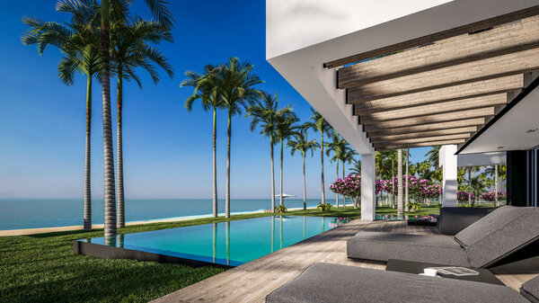 3D рендеринг современного уютного дома с бассейном и парковкой для продажи или аренды в роскошном стиле у моря или океана. Солнечный день у лазурного побережья с пальмами и цветами на тропическом острове