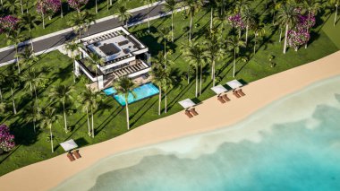 Havuzu ve satılık park yeri olan ya da deniz ya da okyanus kenarında lüks tarzda kiralanan modern konforlu bir ev. Tropikal adada palmiye ağaçları ve çiçeklerle masmavi sahilde güneşli bir gün.