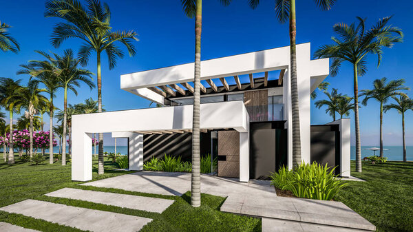3D рендеринг современного уютного дома с бассейном и парковкой для продажи или аренды в роскошном стиле у моря или океана. Солнечный день у лазурного побережья с пальмами и цветами на тропическом острове