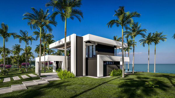 3D рендеринг современного уютного дома с бассейном и парковкой для продажи или аренды в роскошном стиле у моря или океана. Солнечный день у лазурного побережья с пальмами и цветами на тропическом острове