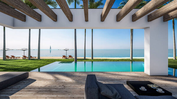 3D рендеринг современного уютного дома с бассейном и парковкой для продажи или аренды в роскошном стиле у моря или океана. Солнечный день у лазурного побережья с пальмами и цветами на тропическом острове