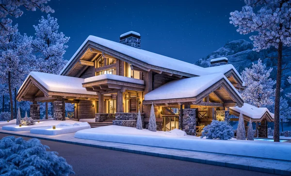 Rendering Von Modernen Gemütlichen Chalet Mit Pool Und Parkplatz Zum — Stockfoto